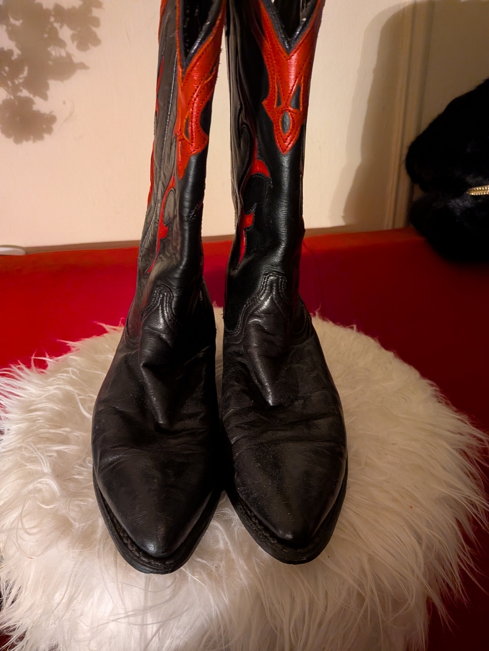 Dingo Black Leather Heeled Boots with Red Inset Stitching